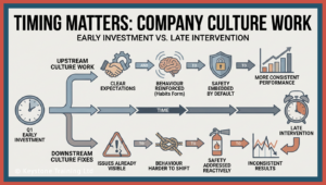 Chart showing the timing of early or late interventions in the success of establishing company culture