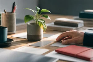 a hand reaching for cards pausing to reflect with a plant on their desk