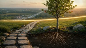young tree with vitality and a pathway next to it